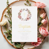 フローラエレガントピンクリースガールバプテスマ 箔招待状