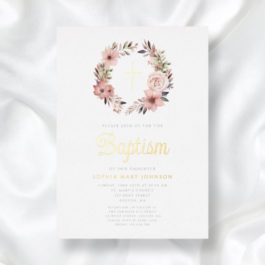 フローラエレガントピンクリースガールバプテスマ 箔招待状