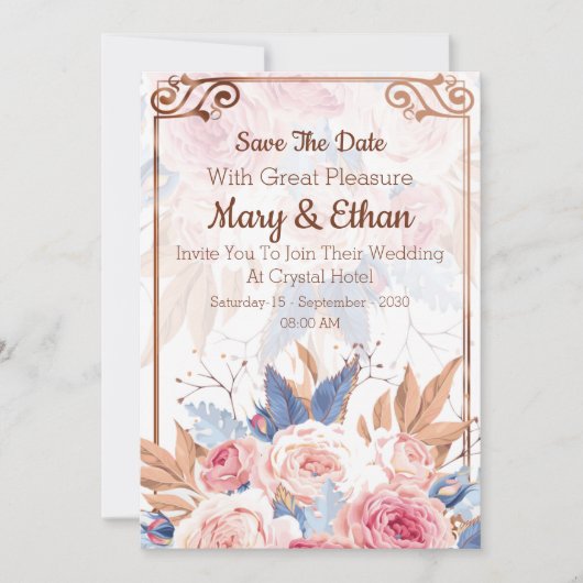 フローラエレガントピンクローズ結婚式招待状カード セーブザデート (正面)