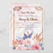 フローラエレガントピンクローズ結婚式招待状カード セーブザデート (正面/裏面)