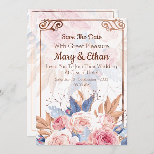 フローラエレガントピンクローズ結婚式招待状カード セーブザデート (正面/裏面)