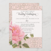 フローラエレガントピンク牡丹の花ヴィンテージウェディング 招待状 (正面/裏面)