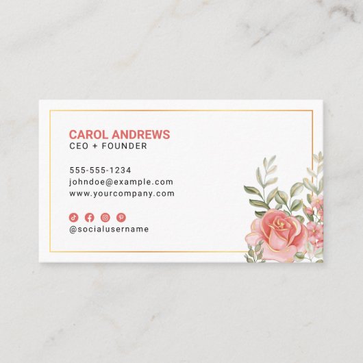 フローラエレガントピンク金ゴールドアクセント植物緑 名刺 (正面)