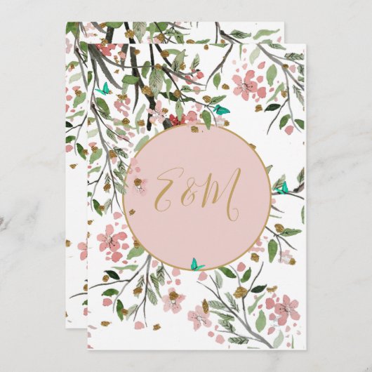 フローラエレガントピンク金ゴールドChinoiserie結婚ズ 招待状 (正面/裏面)