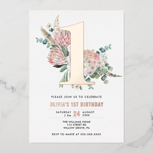 フローラエレガントピンク1歳の誕生日招待状 箔招待状 (正面)