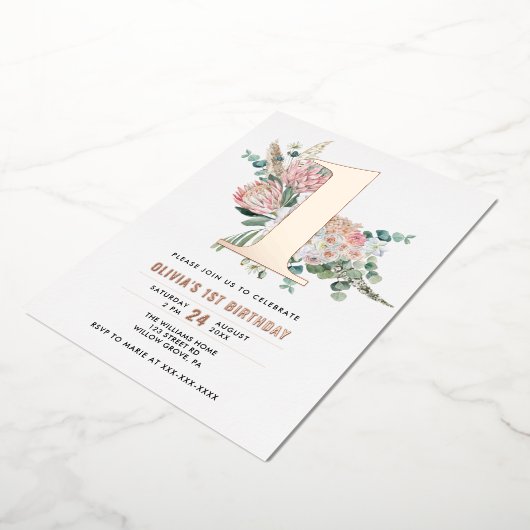 フローラエレガントピンク1歳の誕生日招待状 箔招待状 (回転した状態)