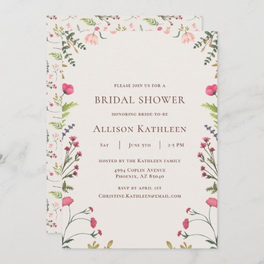 フローラエレガントピンク&グリーンブライダルシャワー 招待状 (正面/裏面)