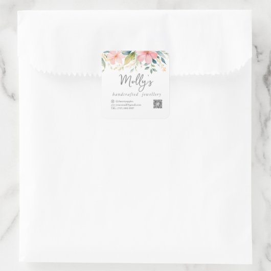 フローラエレガントピンク&グレー手作りジュエリー スクエアシール (バッグ)