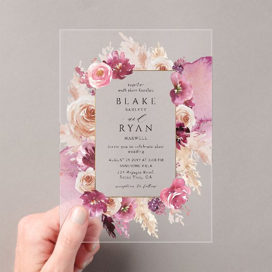 フローラエレガントピンク、ブルゴーニュ水の色結婚の アクリル招待状 (インサイチュ (ポータブル))