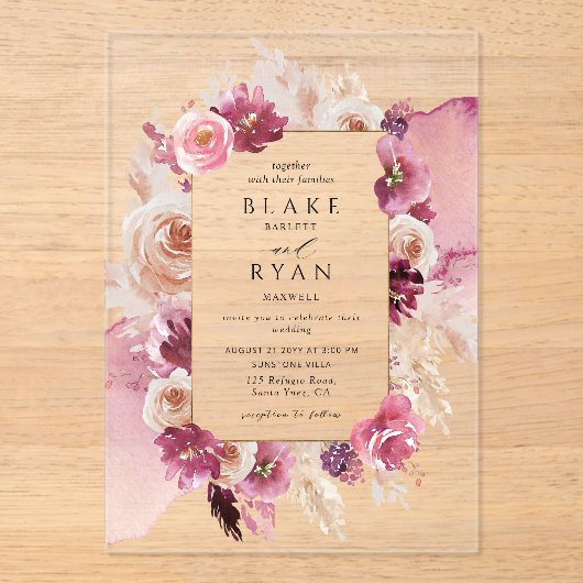 フローラエレガントピンク、ブルゴーニュ水の色結婚の アクリル招待状 (正面)