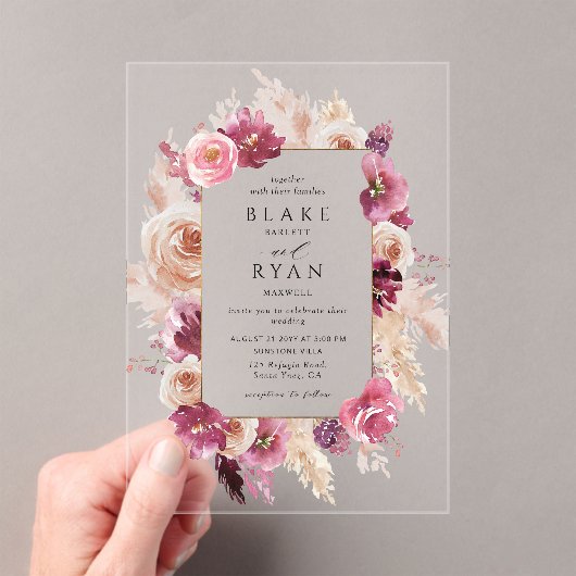 フローラエレガントピンク、ブルゴーニュ、シャンパン結婚ズ アクリル招待状 (インサイチュ (ポータブル))