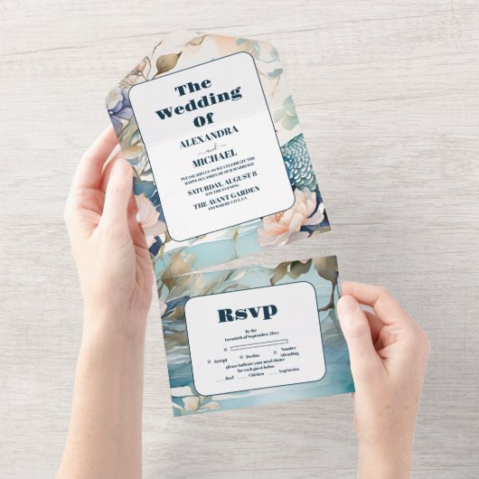 フローラエレガントピーコックチノイスリー結婚ズ オールインワン招待状 (貼ってはがせる)