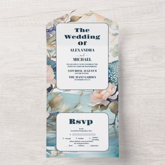 フローラエレガントピーコックチノイスリー結婚ズ オールインワン招待状 (内側)