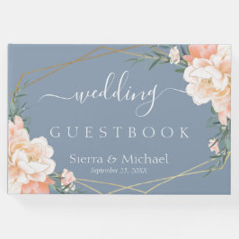 フローラエレガントピーチ金ゴールドダスティブルー結婚ズ ゲストブック