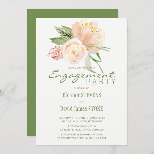 フローラエレガントピーチ金ゴールド婚約パーティ招待状 招待状 (正面/裏面)