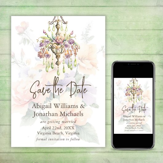 フローラエレガントピーチ、パープル、セージ・グリーン結婚ズ セーブザデート