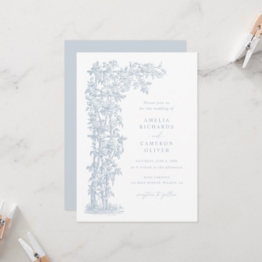 フローラエレガントフランスのバラトレリスブルー結婚ズ 招待状 (正面/裏面インサイチュ)