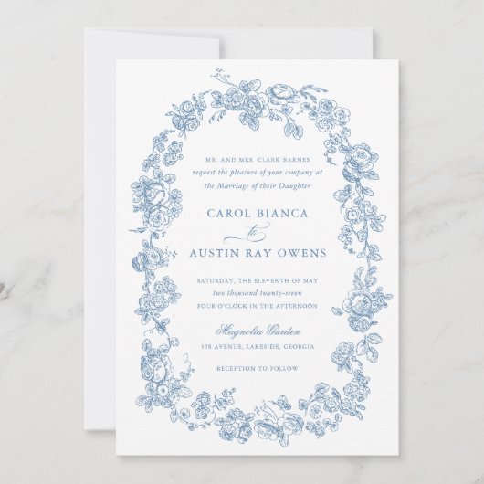 フローラエレガントフランスのブルーバラ結婚ズ 招待状 (正面)