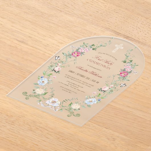 フローラエレガントフレーム最初の聖餐式 アクリル招待状 (レイダウン)