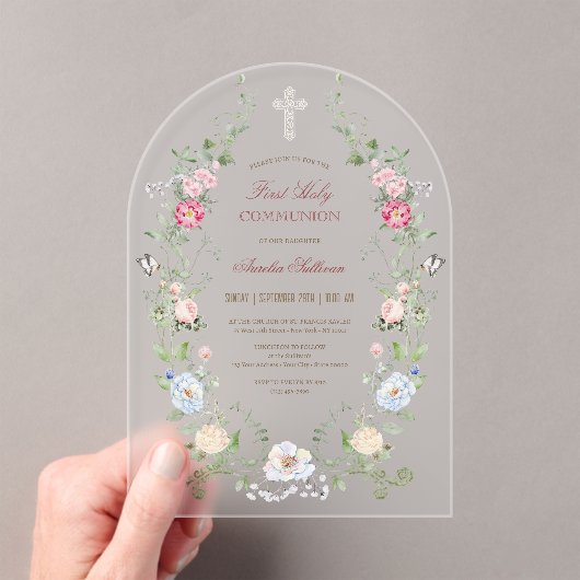 フローラエレガントフレーム最初の聖餐式 アクリル招待状 (インサイチュ (ポータブル))