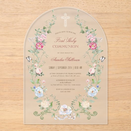 フローラエレガントフレーム最初の聖餐式 アクリル招待状 (正面)