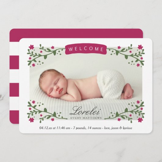 フローラエレガントフレーム梅ベビーガール写真誕生 案内状 (正面/裏面)