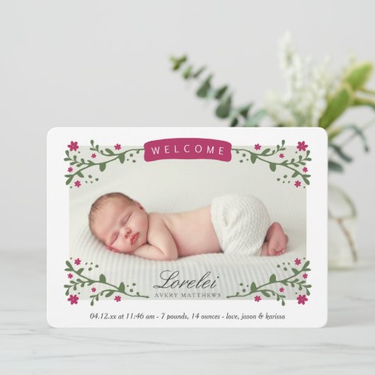 フローラエレガントフレーム梅ベビーガール写真誕生 案内状 (スタンド正面)