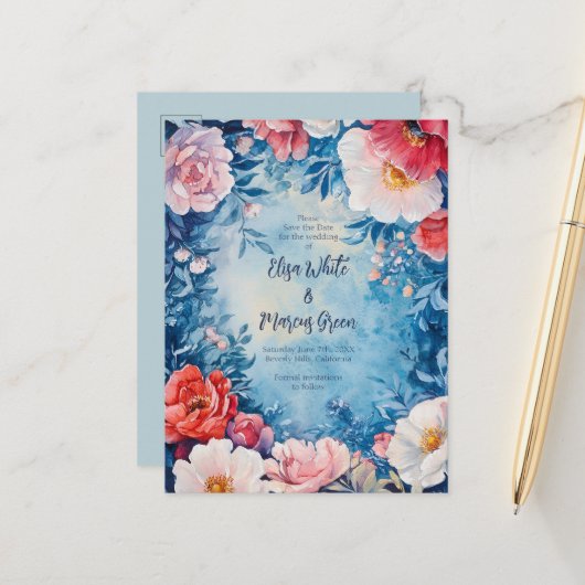 フローラエレガントフレームVintageウェディング日付の保存 案内ポストカード (正面/裏面インサイチュ)