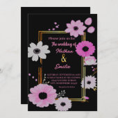 フローラエレガントブラックとピンクの結婚式招待状 招待状 (正面/裏面)
