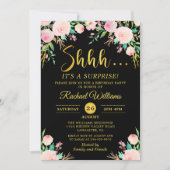 フローラエレガントブラック金ゴールドサプライズ誕生日パーティー 招待状 (正面)