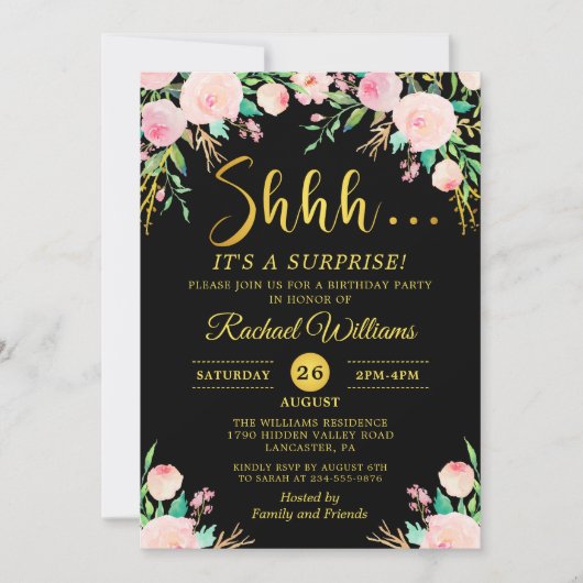 フローラエレガントブラック金ゴールドサプライズ誕生日パーティー 招待状 (正面)