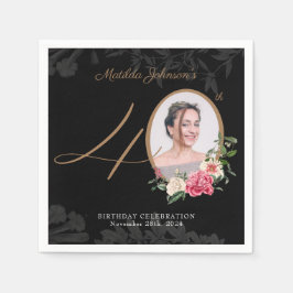 フローラエレガントブラック金ゴールド40歳カスタムの誕生日 スタンダードカクテルナプキン