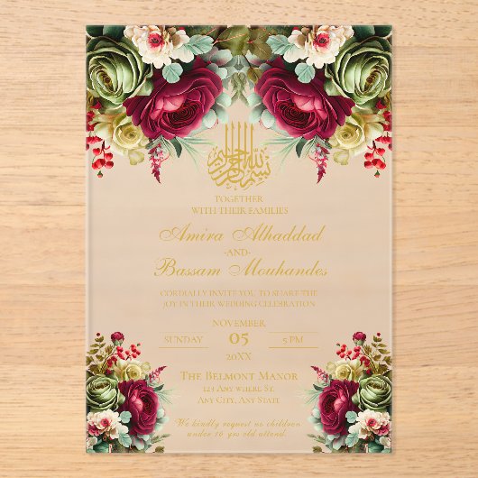 フローラエレガントブルガンディレッドローゼイスラーム結婚ズ アクリル招待状 (正面)
