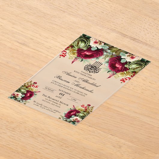 フローラエレガントブルゴーニュバラス結婚イスラーム アクリル招待状 (レイダウン)