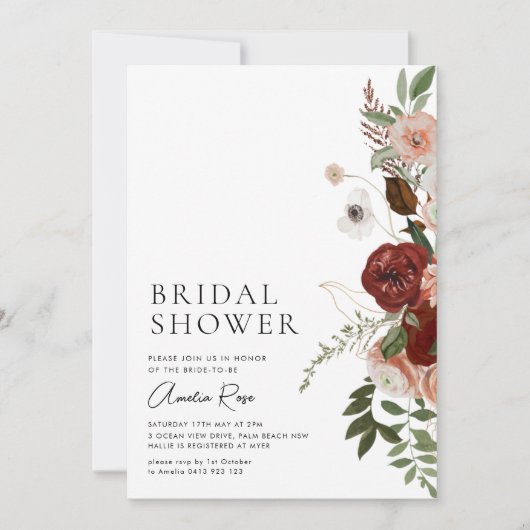 フローラエレガントブルゴーニュ文字ブライダルシャワー 招待状 (正面)