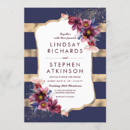 フローラエレガントブルゴーニュ海軍と金ゴールド結婚ズ 招待状