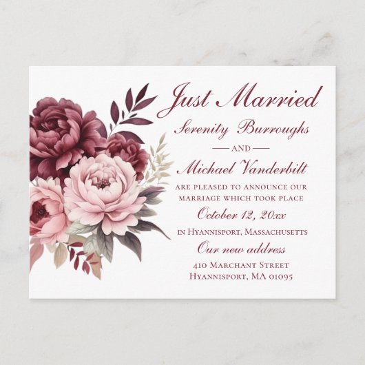 フローラエレガントブルゴーニュ牡丹たった今結婚しました結婚ズ 案内ポストカード (正面)