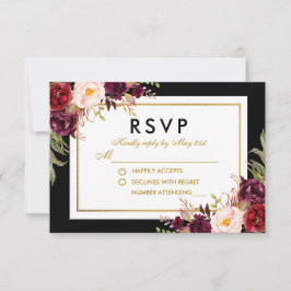 フローラエレガントブルゴーニュ黒金ゴールド結婚式RSVP 出欠カード