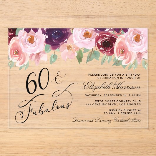 フローラエレガントブルゴーニュ・ピンク60th誕生日パーティー アクリル招待状 (正面)