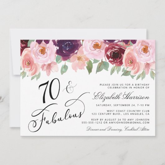 フローラエレガントブルゴーニュ・ピンク70th誕生日パーティー 招待状 (正面)