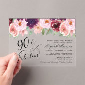 フローラエレガントブルゴーニュ・ピンク90th誕生日パーティー アクリル招待状 (インサイチュ (ポータブル))