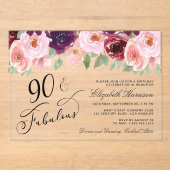 フローラエレガントブルゴーニュ・ピンク90th誕生日パーティー アクリル招待状 (正面)