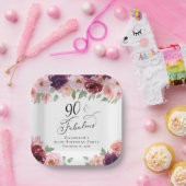 フローラエレガントブルゴーニュ・ピンク90th誕生日パーティー ペーパープレート (パーティー)