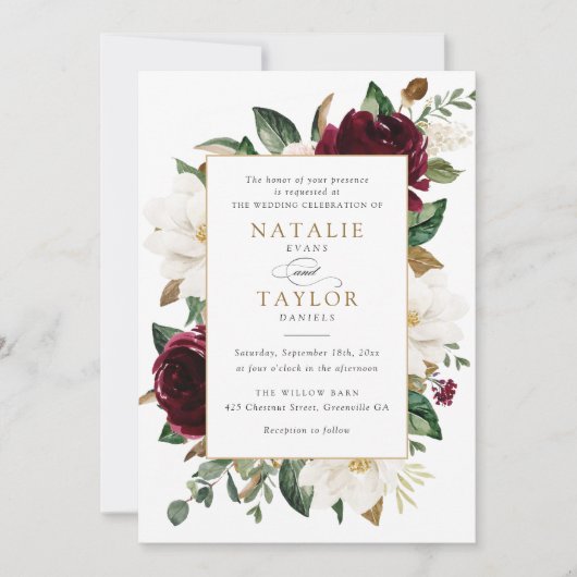 フローラエレガントブルゴーニュMagnolia Greeneryフレーム 招待状 (正面)