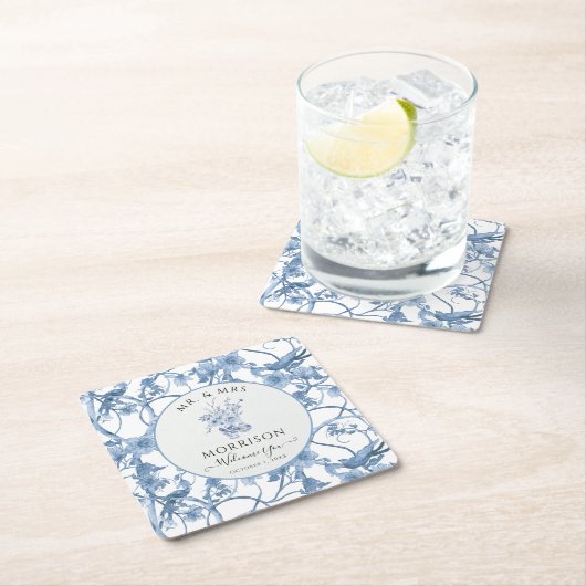 フローラエレガントブルーとホワイトウェディングレセプション スクエアペーパーコースター (インサイチュ)