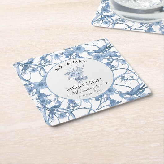 フローラエレガントブルーとホワイトウェディングレセプション スクエアペーパーコースター (アングル)