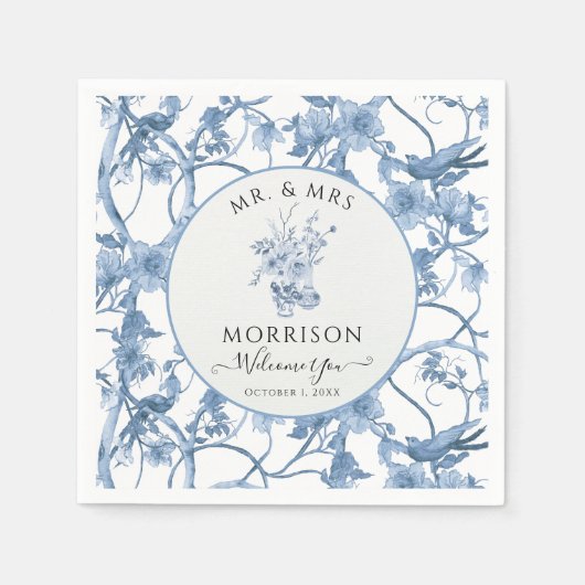 フローラエレガントブルーとホワイトウェディングレセプション スタンダードカクテルナプキン (正面)