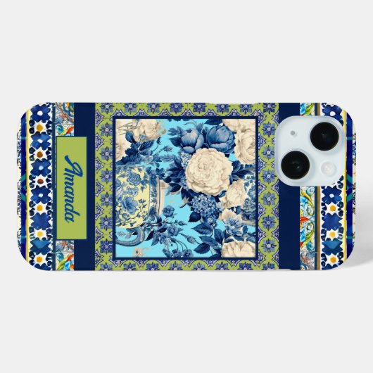 フローラエレガントブルーのタイルの尖状モノグラム Case-Mate iPhoneケース (裏面 (横))