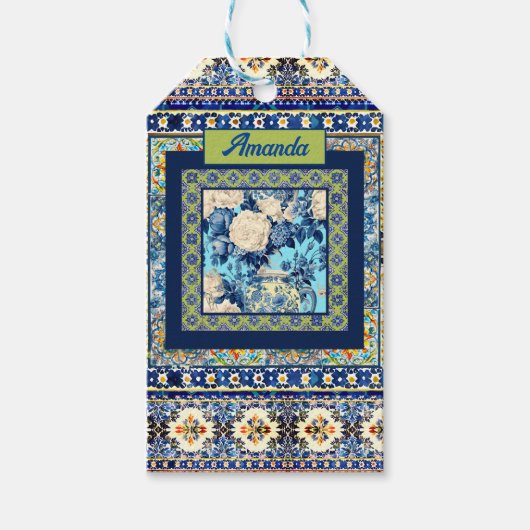 フローラエレガントブルーのタイルchinoiserieモノグラムノート ギフトタグ (正面)