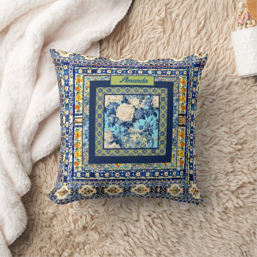フローラエレガントブルーのタイルchinoiserieモノグラムノート クッション (ブランケット)